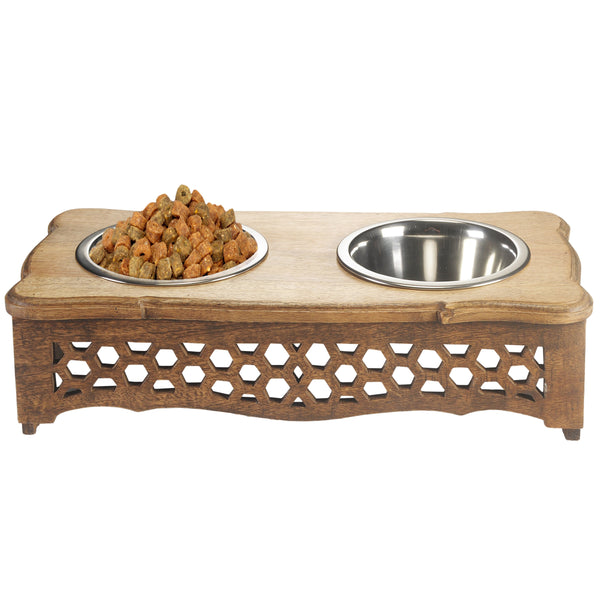 Handmade Mango Wood Elevated Double Pet Feeder With Geometric Honeycomb Cutouts