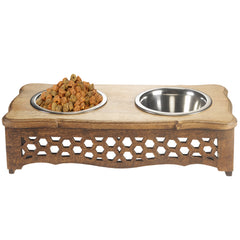 Handmade Mango Wood Elevated Double Pet Feeder With Geometric Honeycomb Cutouts