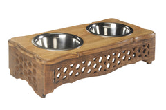 Handmade Mango Wood Elevated Double Pet Feeder With Geometric Honeycomb Cutouts